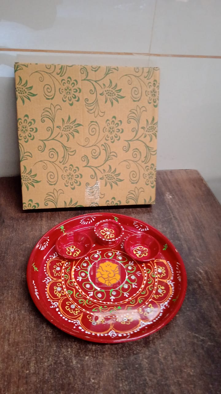 Hand-Painted Decorative Pooja Thali with Ganesha Motif and Diyas Hand-Painted Decorative Pooja Thali with Ganesha Motif and Diyas